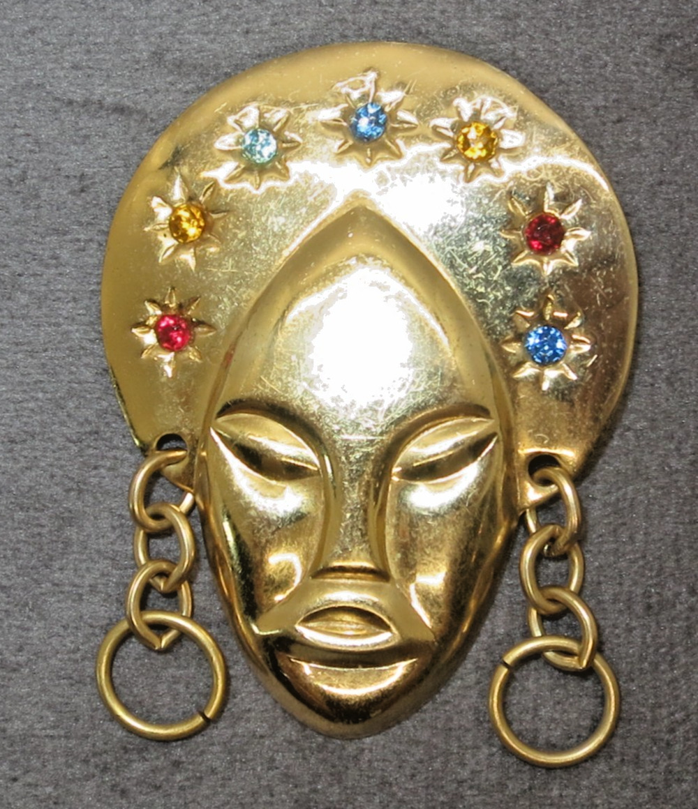 Vintage Gold Tone Mid Century Face Pendant Rhinestones Rainbow Pin Brooch